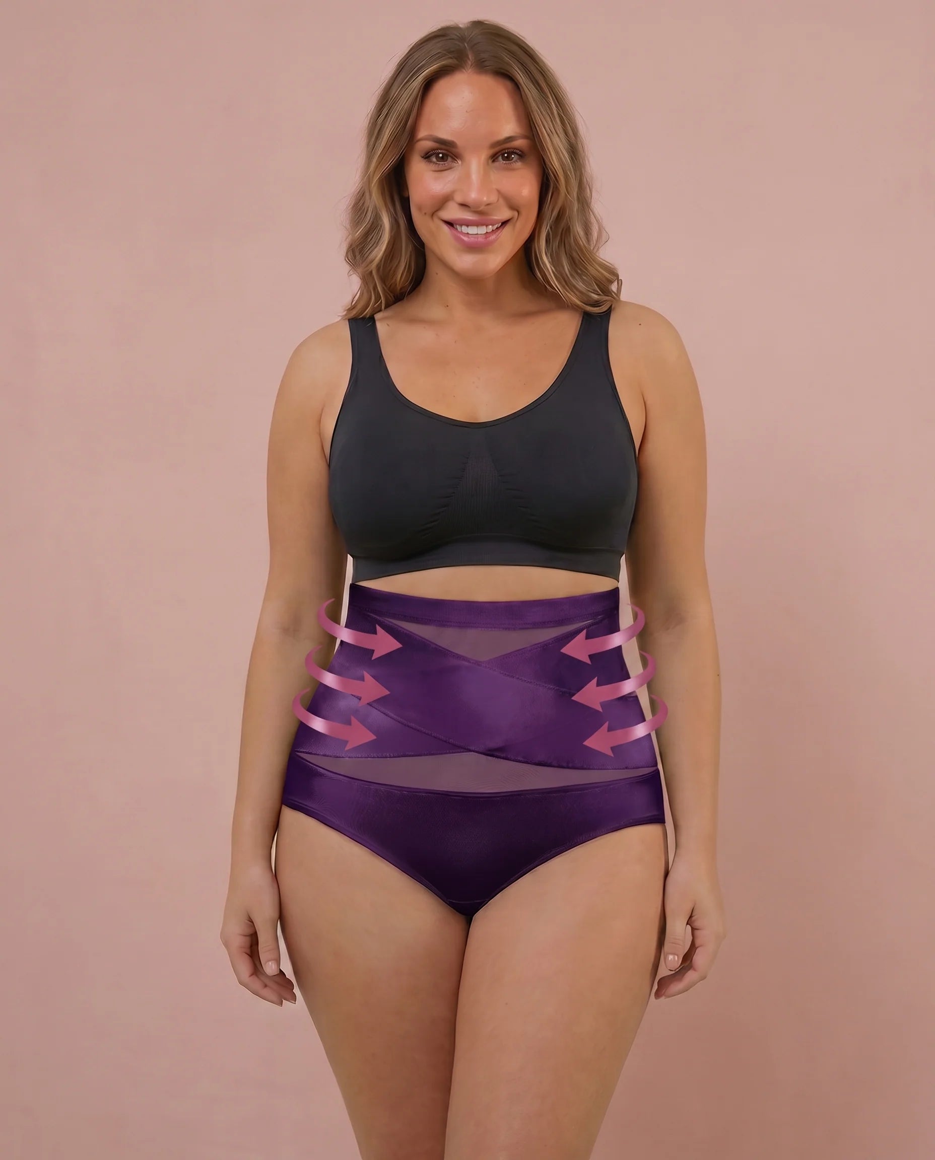 Model wearing a purple high-waisted brief with arrows illustrating its crossed front design