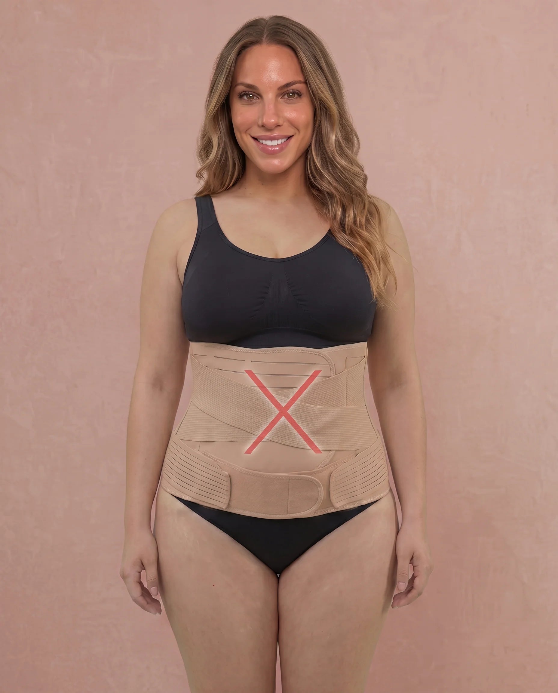 Model wearing a separate beige waist wrap over black underwear