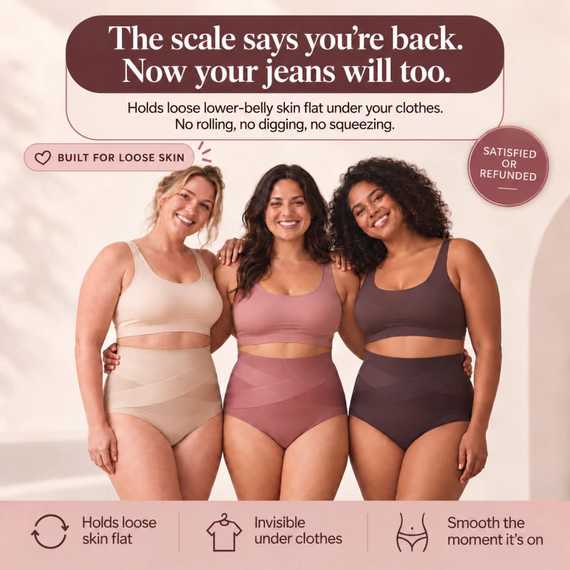 Three moms wearing the Veloza Sculpt Brief, holding loose lower-belly skin flat