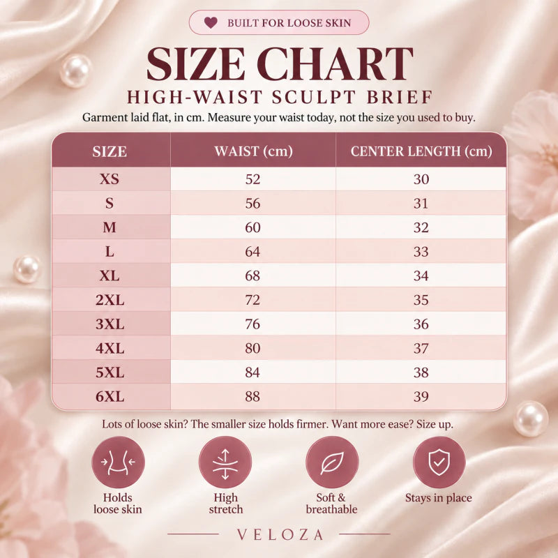 Sculpt Brief size chart, XS–6XL